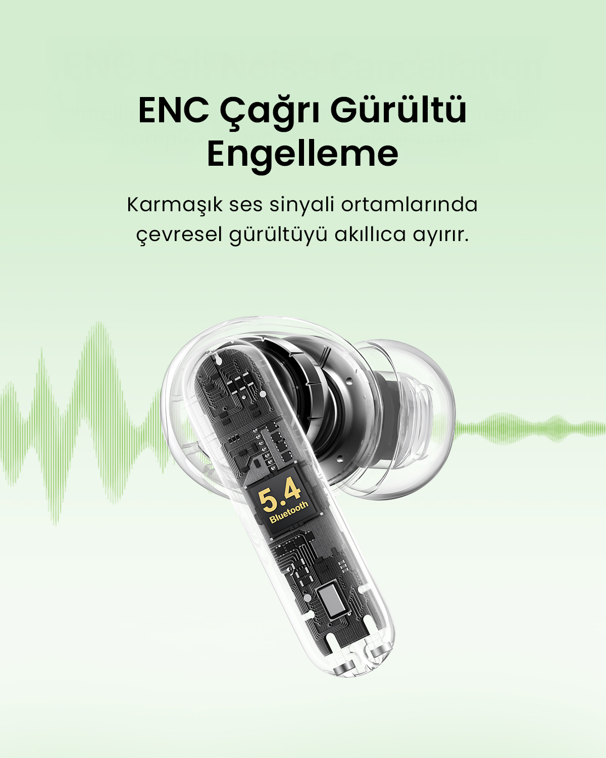 "5.4 Bluetooth" yazan devre kartı detaylı şeffaf kulaklıklar. Yeşil ses dalgaları ve gürültü engelleme metni.