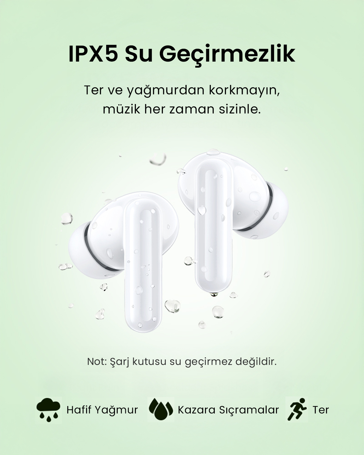 Beyaz kulaklıklar, su damlaları, yeşil arka plan. Metin: IPX5 su geçirmez, ter, yağmur. Yağmur, sıçrama ve ter için simgeler.