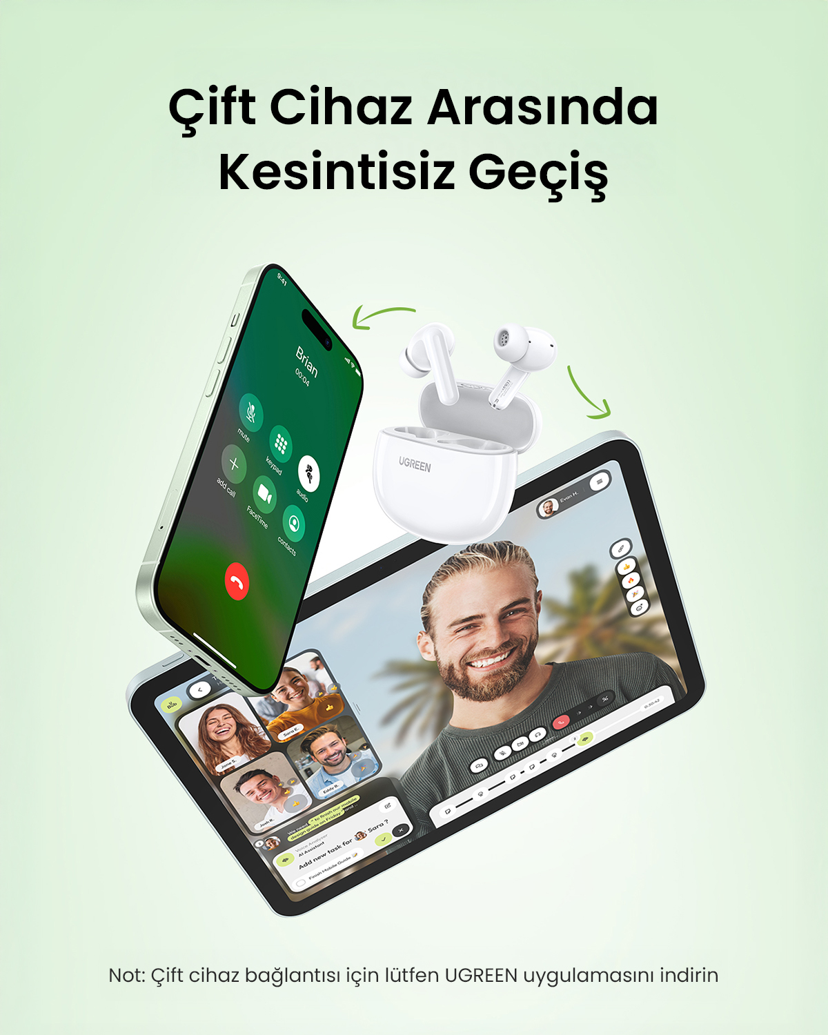 Görüntü, bir tabletten yapılan bir telefon görüşmesini ve video görüşmesini gösteriyor. Ortada beyaz kulaklıklar ve bir kılıf var. Metin, cihazlar arasında kesintisiz geçiş diyor.