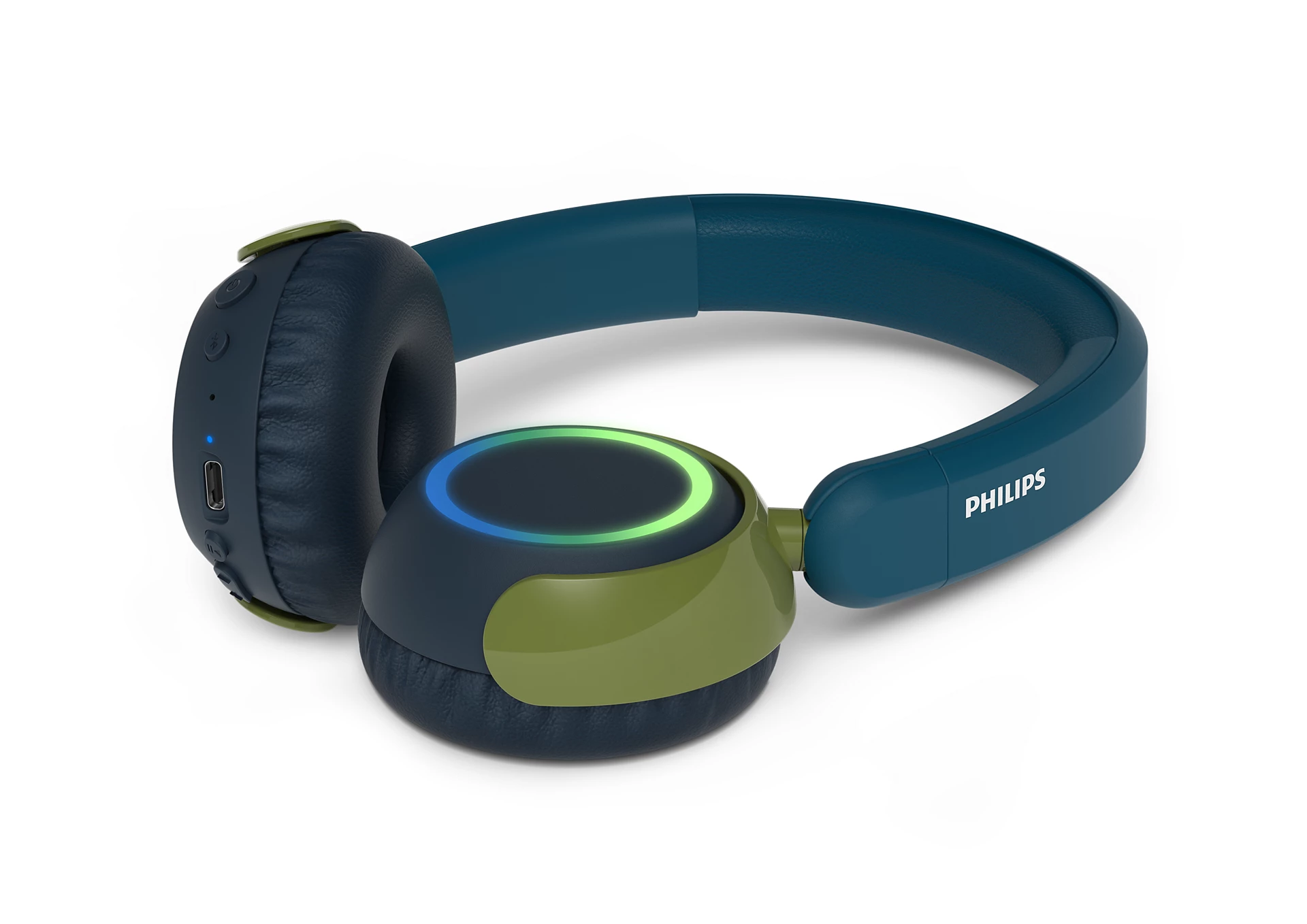 Beyaz zemin üzerinde mavi ve yeşil Philips kulaklık. Bir kulaklık yeşil ve mavi ışıkla aydınlatılmış. Marka adı görünür.
