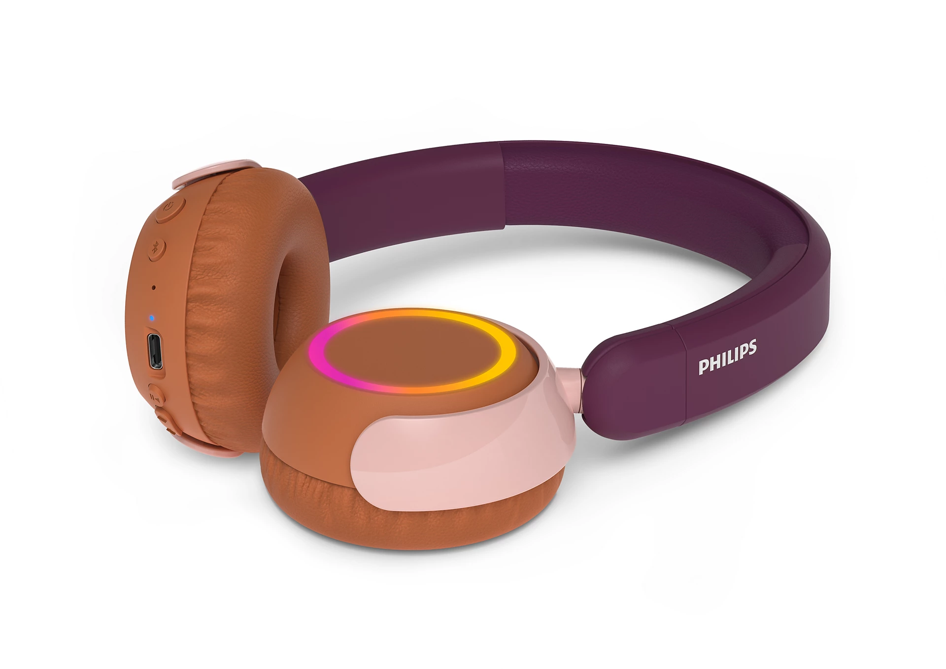 Pembe vurgulu kahverengi ve mor Philips kulaklık. Kulaklıkların etrafında bir ışık halkası var. Marka adı bant üzerinde görünür.