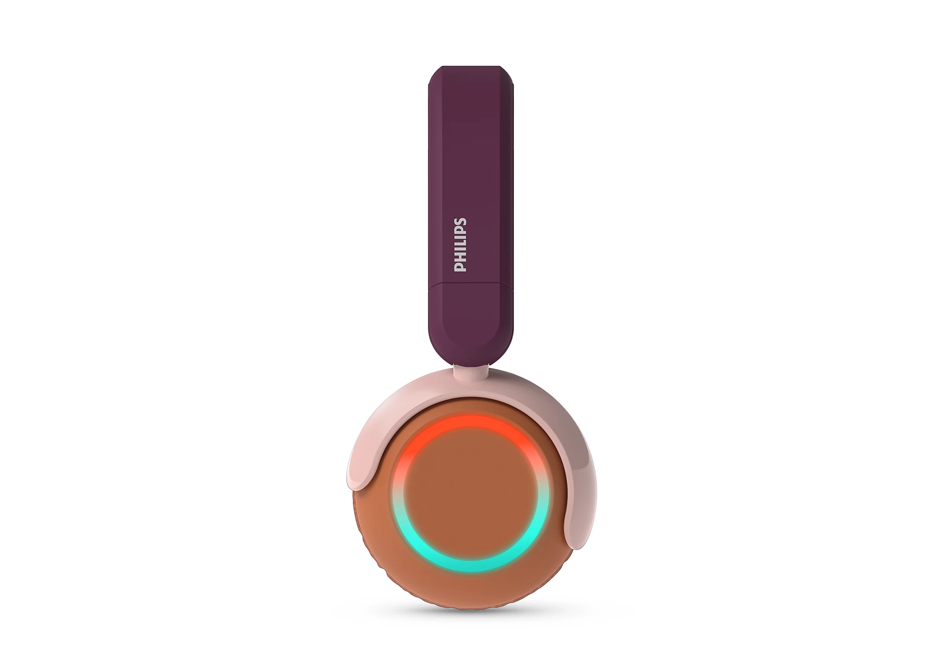 Mor bir sapa ve açık kahverengi kulaklığa sahip bir Philips kulaklık. Kulaklıkta turuncu ve yeşil ışıklı bir daire var.