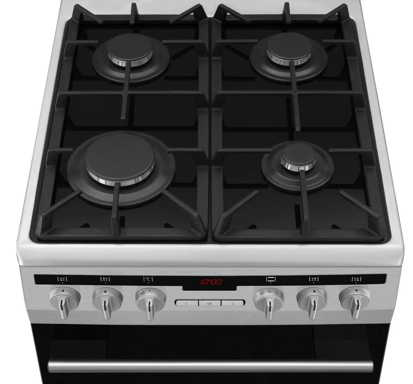Kuchenka gazowa ze stali nierdzewnej z czterema palnikami, pokrętłami i cyfrowym wyświetlaczem 10:00. Drzwi piekarnika są czarne.
