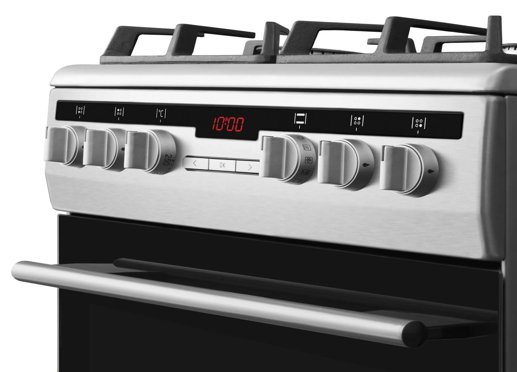 Piekarnik ze stali nierdzewnej z otwartą szufladą. Widoczne pokrętła i cyfrowy wyświetlacz pokazujący 10:00. Widoczna jest również płyta grzewcza.