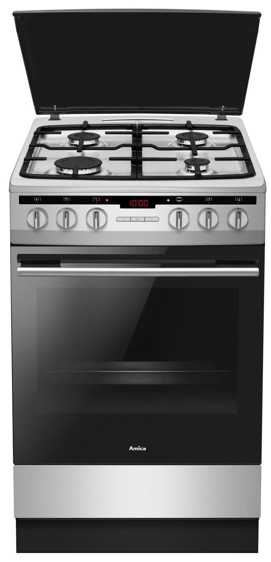 Srebrny i czarny piekarnik Amica z czterema palnikami. Drzwi piekarnika są zamknięte. Wyświetlacz pokazuje czas. Górna pokrywa jest podniesiona.