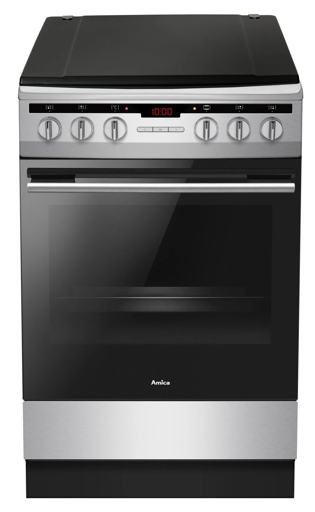 Piekarnik ze stali nierdzewnej z czarnymi szklanymi drzwiami. Widoczne pokrętła i zegar cyfrowy. Marka to Amica.