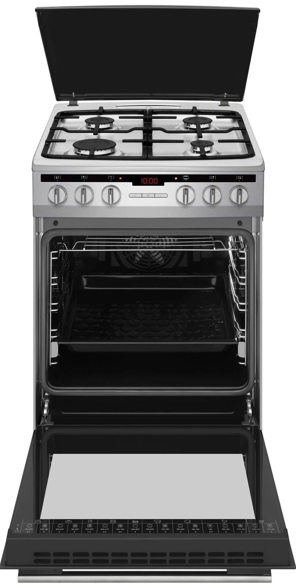 Srebrna kuchenka gazowa z otwartymi drzwiami piekarnika. Płyta grzejna ma palniki. Wnętrze piekarnika z rusztami i tacą. Zegar cyfrowy pokazuje 10:00.