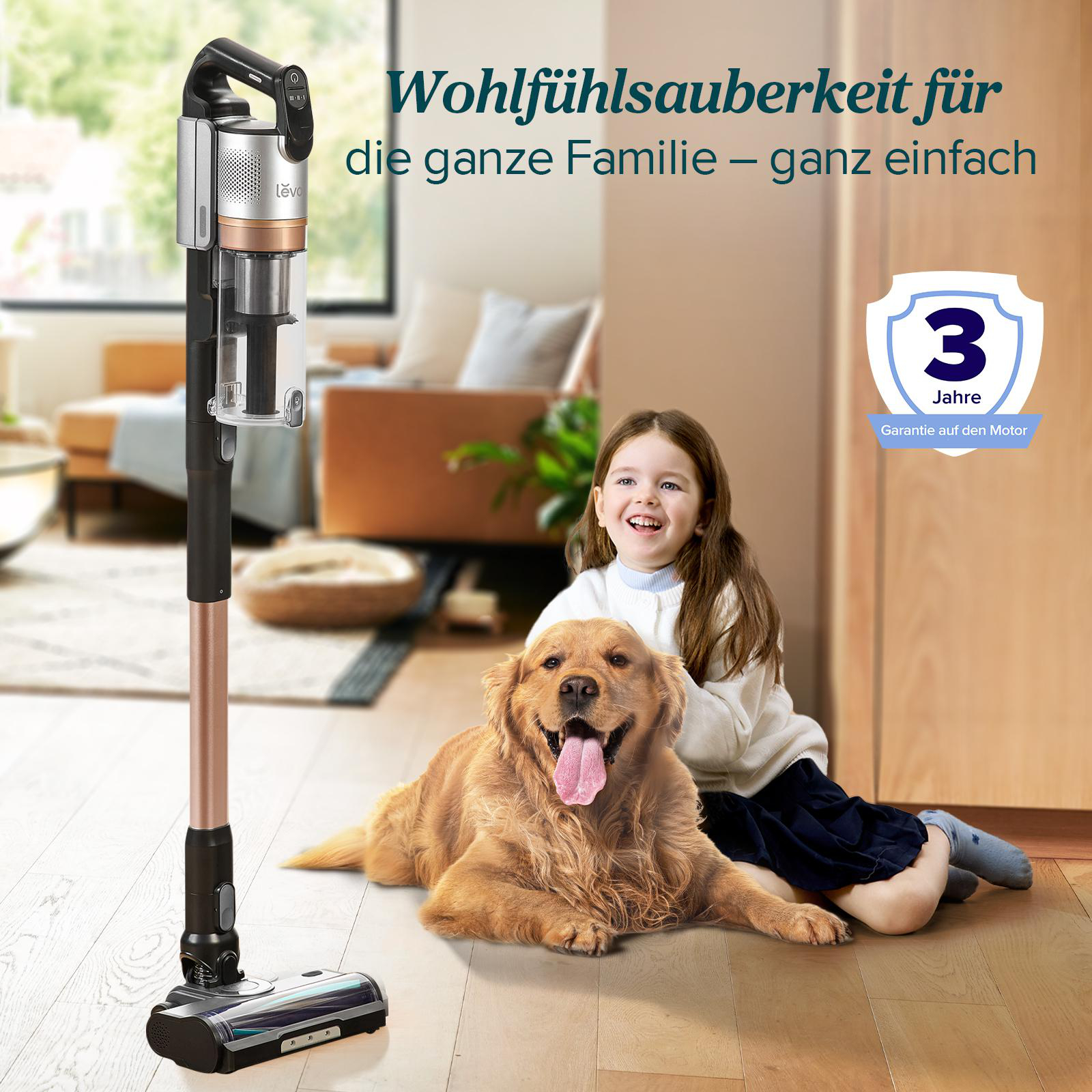 Ein Mädchen und ein Golden Retriever liegen auf dem Boden neben einem Staubsauger. Eine 3-Jahres-Motorgarantie ist abgebildet.