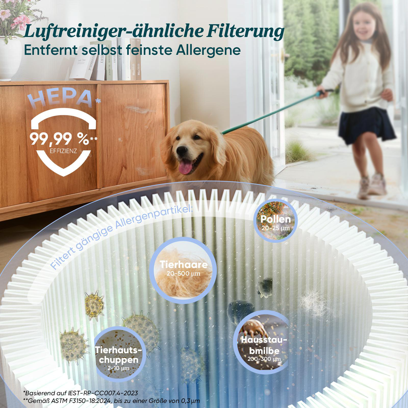 Das Bild zeigt einen Luftfilter, der Allergene entfernt. Ein Hund, ein Kind und Text über die HEPA-Filtereffizienz sind sichtbar.