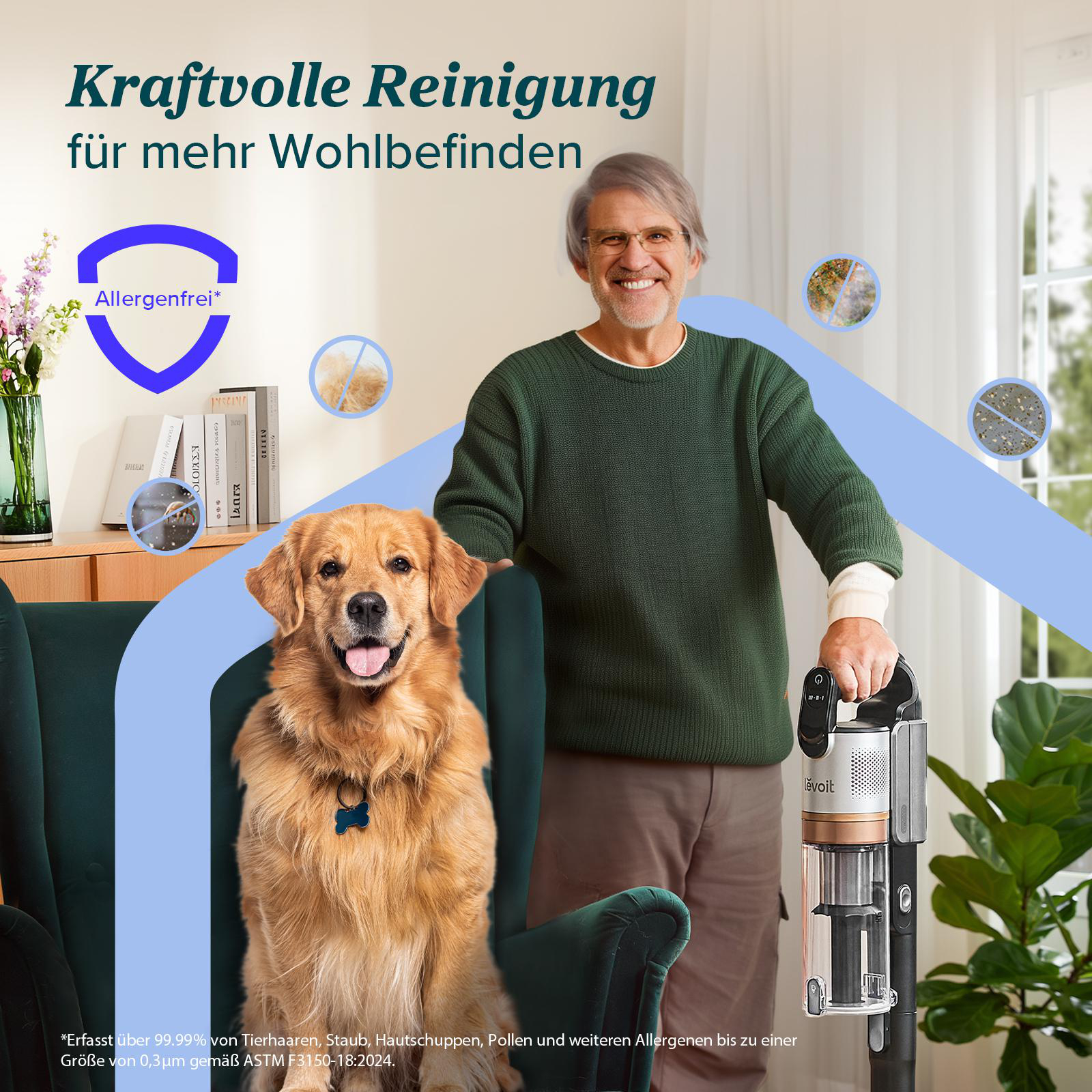 Mann und Hund mit Staubsauger. Text sagt allergenfrei. Grüner Pullover, Golden Retriever und Staubsauger.