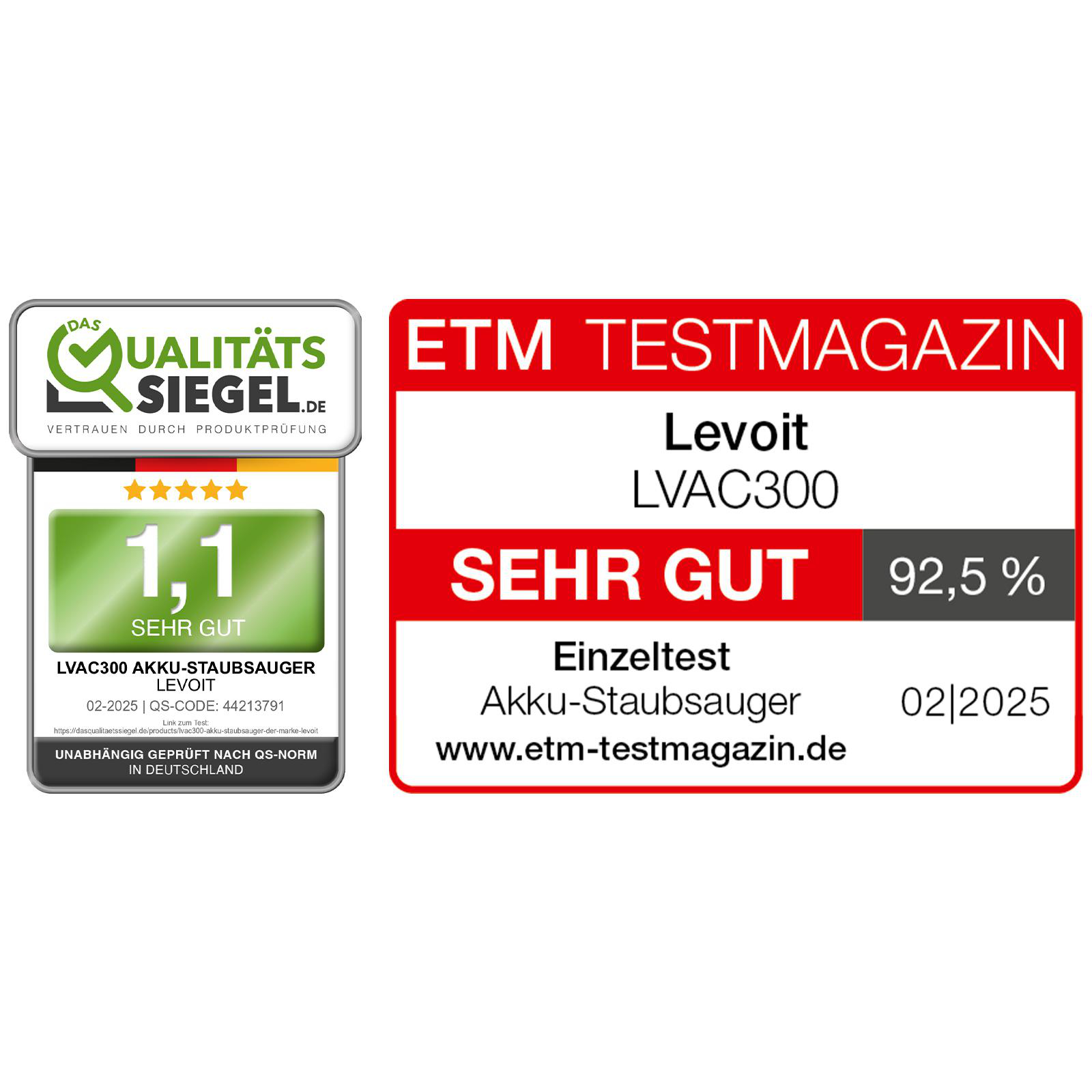 Testergebnis eines Staubsaugers. Oben links ein Qualitätssiegel. Rechts das ETM Testmagazin Logo. Note 1,1, sehr gut, 92,5 %.