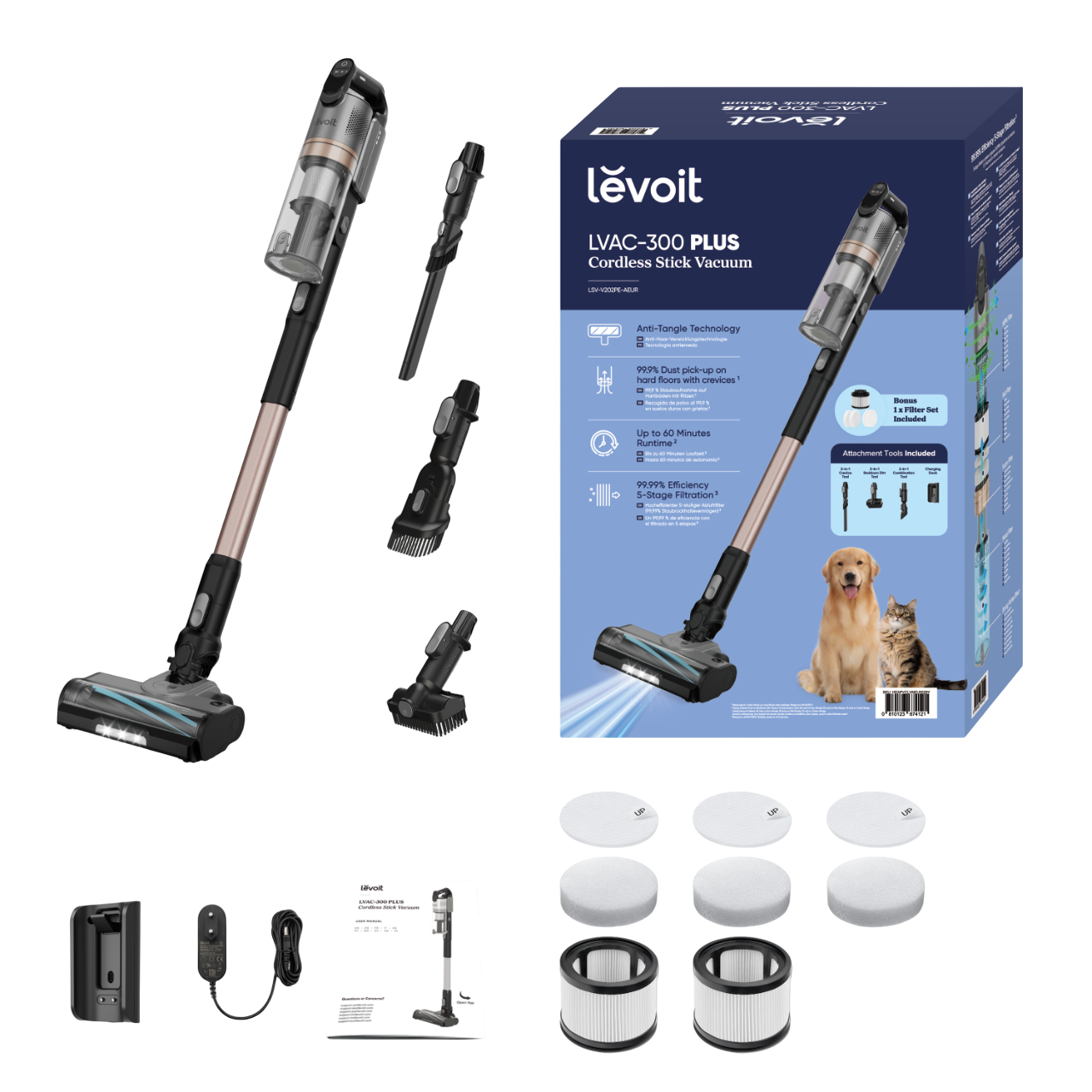 Ein Levoit LVAC-300 Plus kabelloser Stielstaubsauger, Zubehör, Filter, Ladestation und Handbuch werden angezeigt. Eine Box zeigt einen Hund und eine Katze.