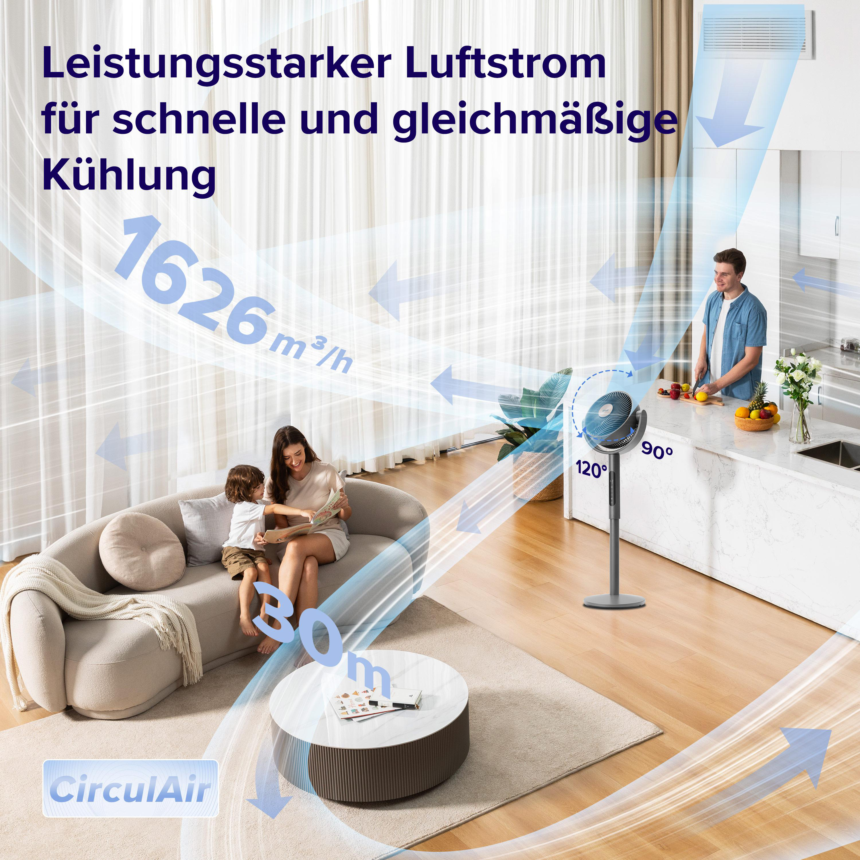 Ein Mann und eine Frau mit einem Kind sind in einem Raum. Ein Ventilator bläst Luft. Früchte liegen auf der Theke.