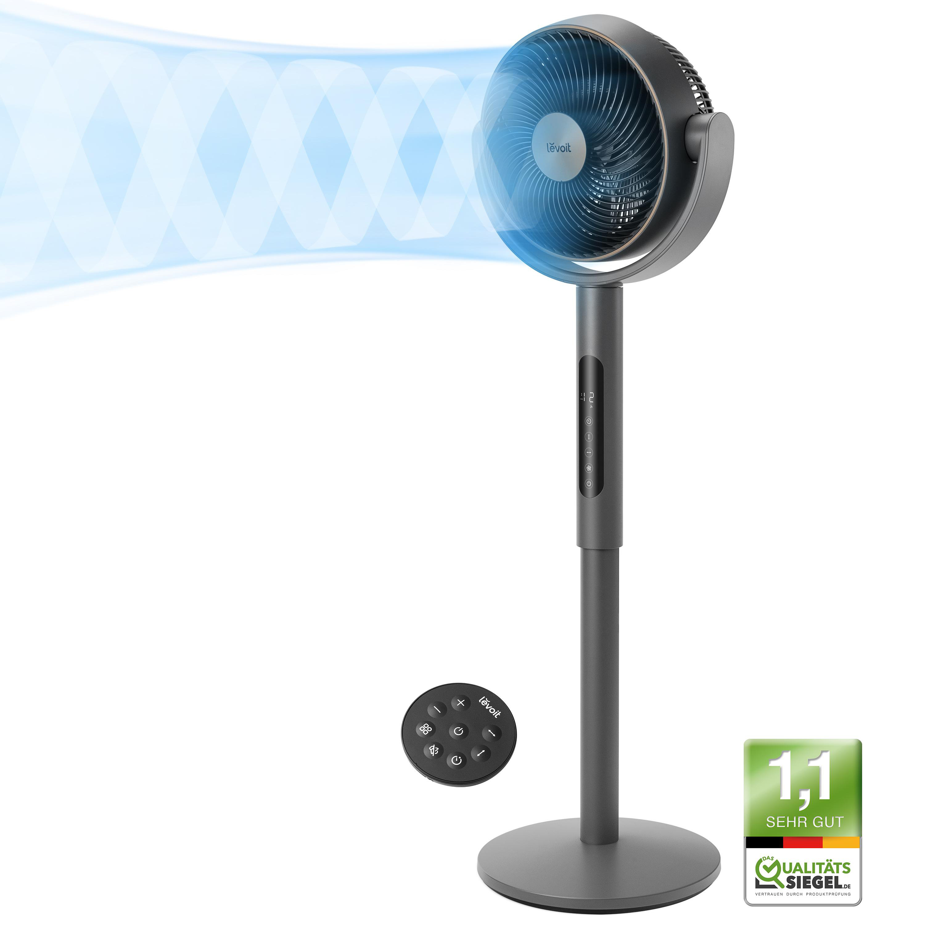 Grauer Levoit-Standventilator mit blauem Luftstrom. Enthält eine Fernbedienung und ein 'Sehr Gut'-Qualitätssiegel.