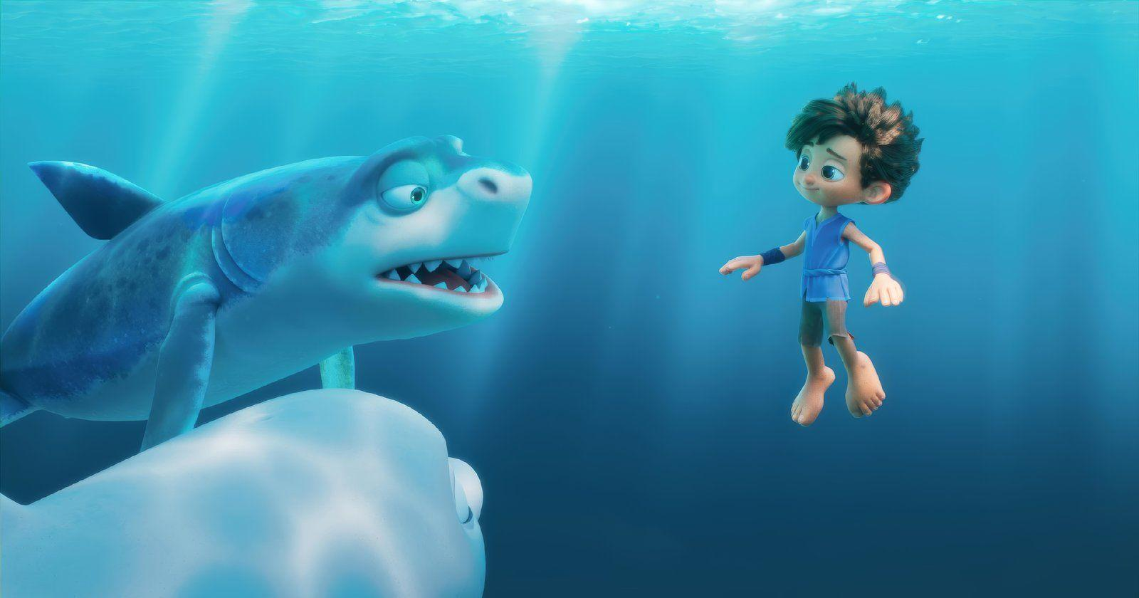 Eine animierte Unterwasserszene zeigt einen Jungen und einen Hai. Der Hai hat ein großes Maul, und der Junge steht dem Hai gegenüber.