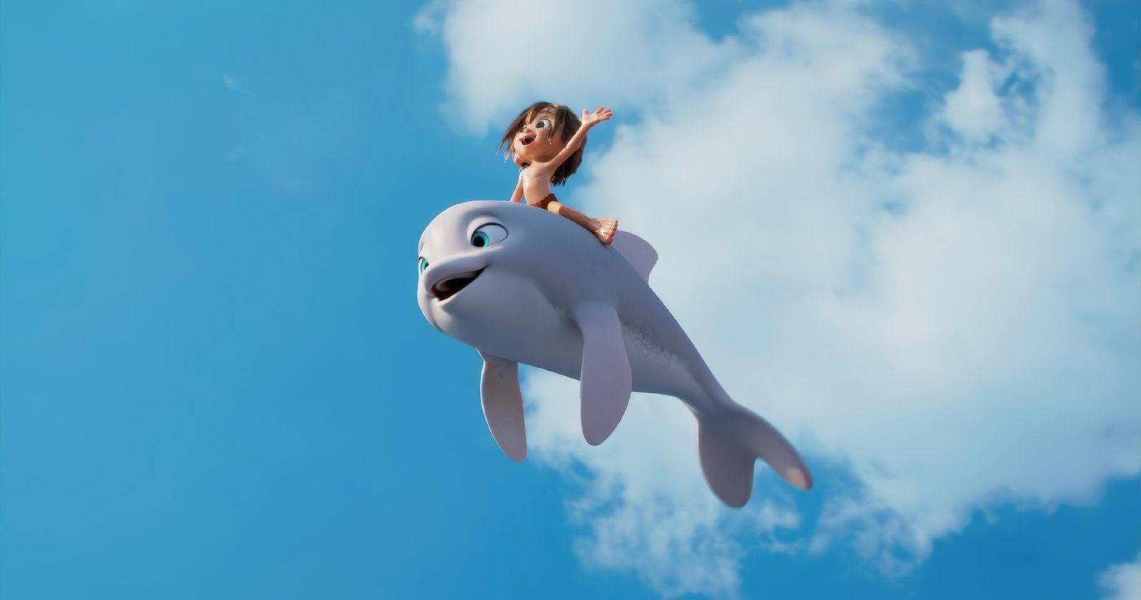 Ein Cartoon-Kind reitet auf einem Delphin im blauen Himmel. Das Kind winkt. Der Delphin ist weiß mit blauen Augen.
