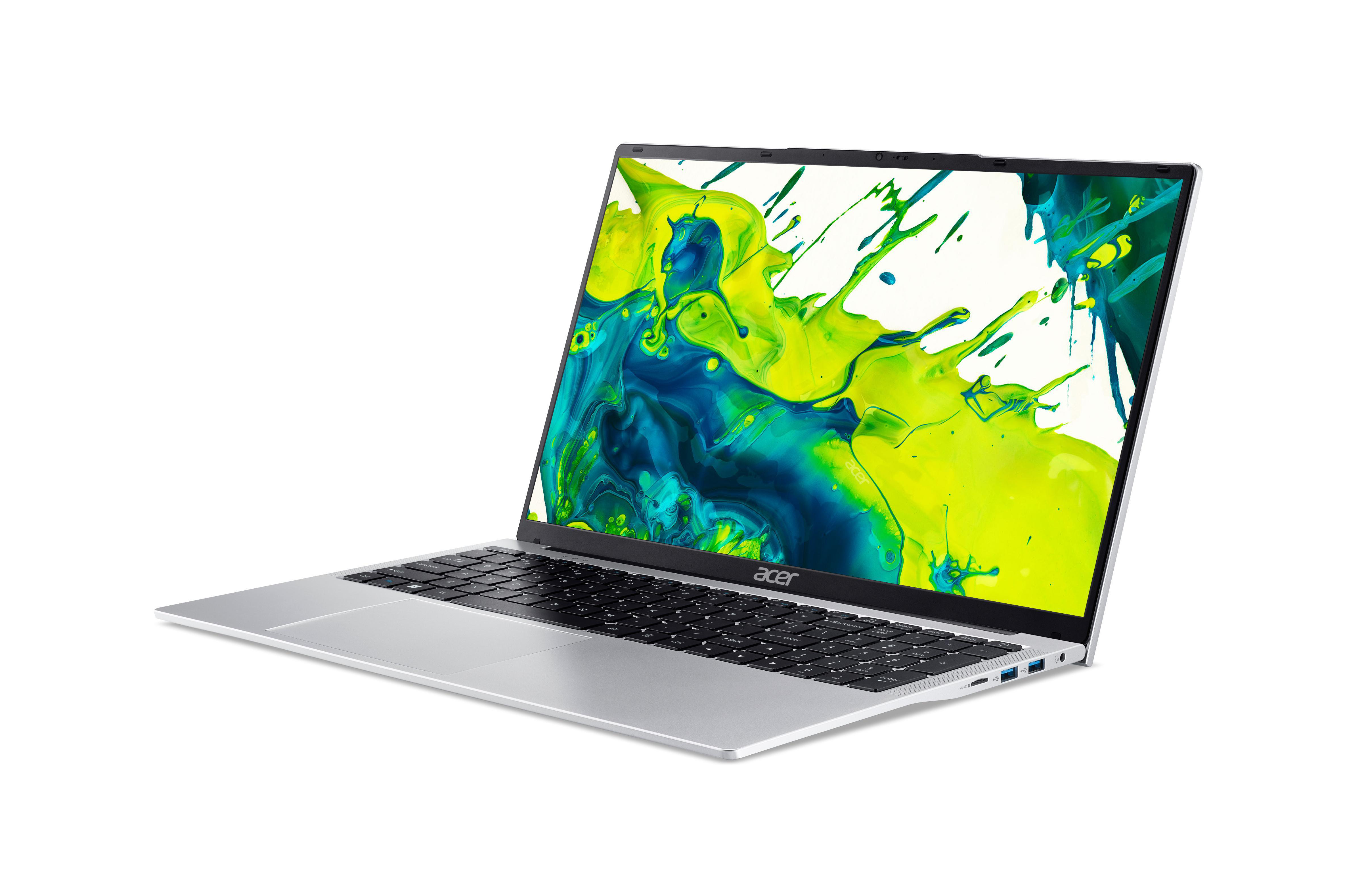 Silberner Acer-Laptop, Bildschirm zeigt farbenfrohe Farbspritzer. Tastatur sichtbar. Weißer Hintergrund.