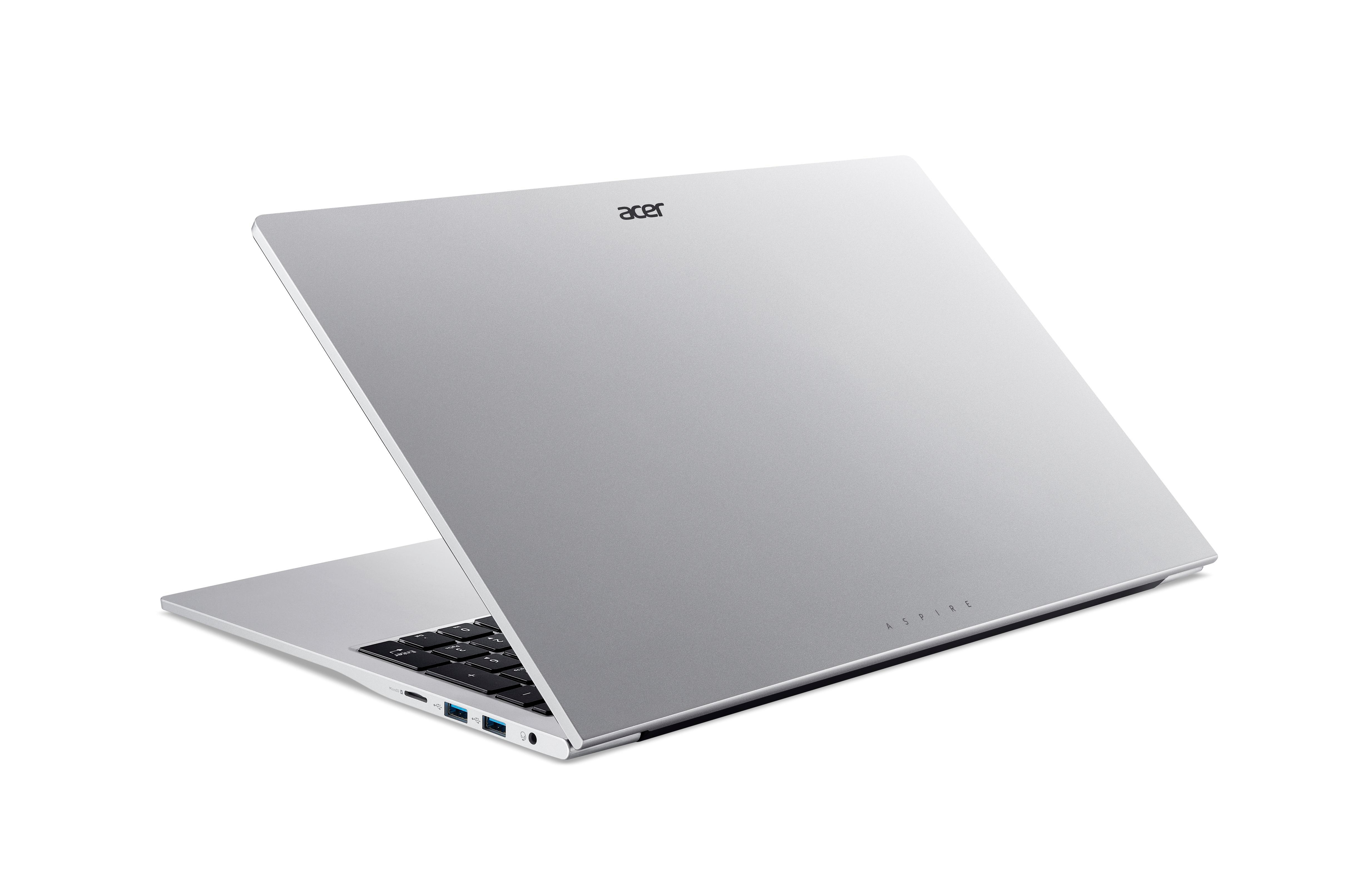 Ein silberner Acer-Laptop ist geöffnet und zeigt Tastatur und Bildschirm. Der Hintergrund ist weiß.