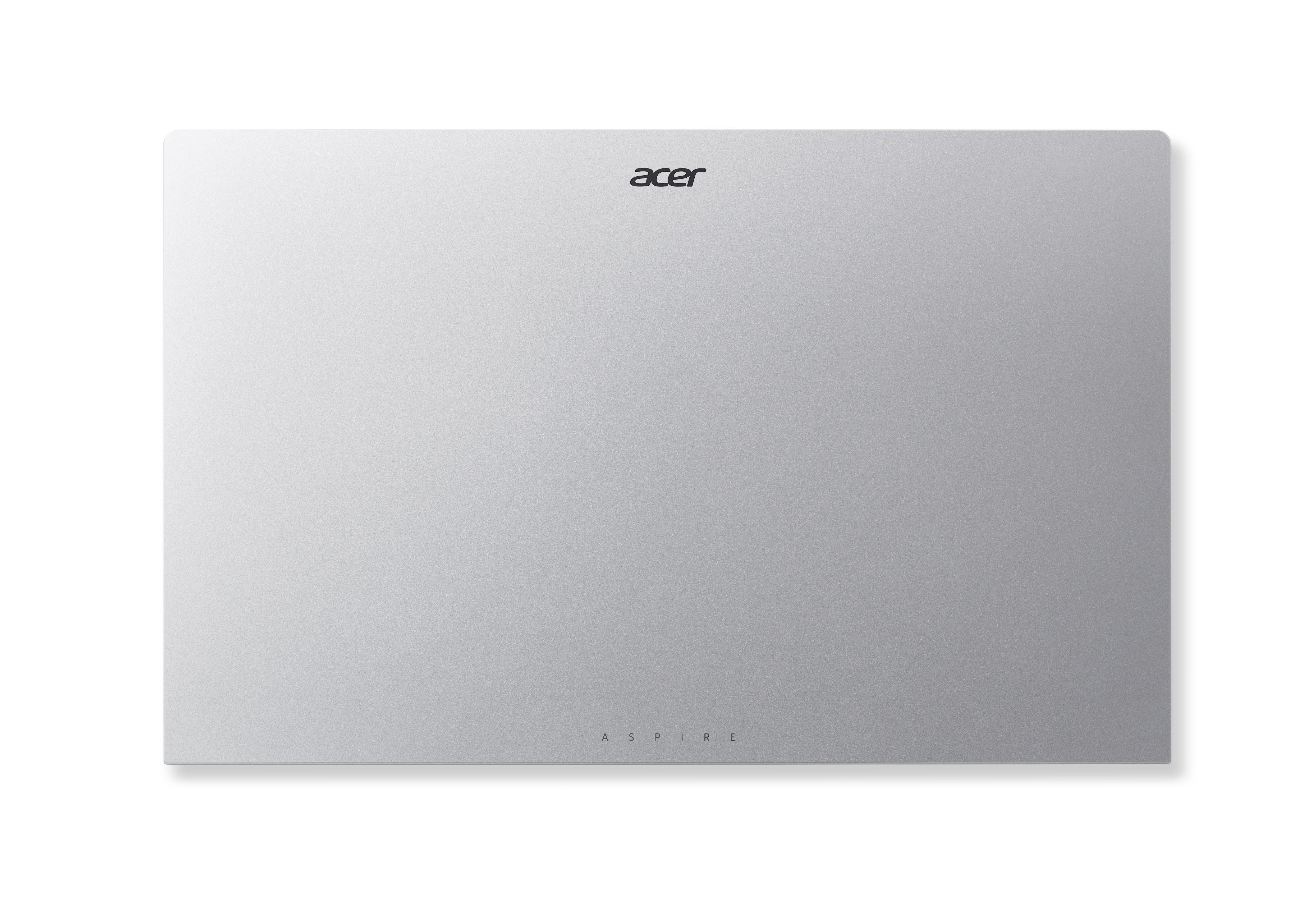 Ein geschlossener silberner Acer-Laptop auf einer weißen Oberfläche. Das Acer-Logo befindet sich oben, Aspire unten.