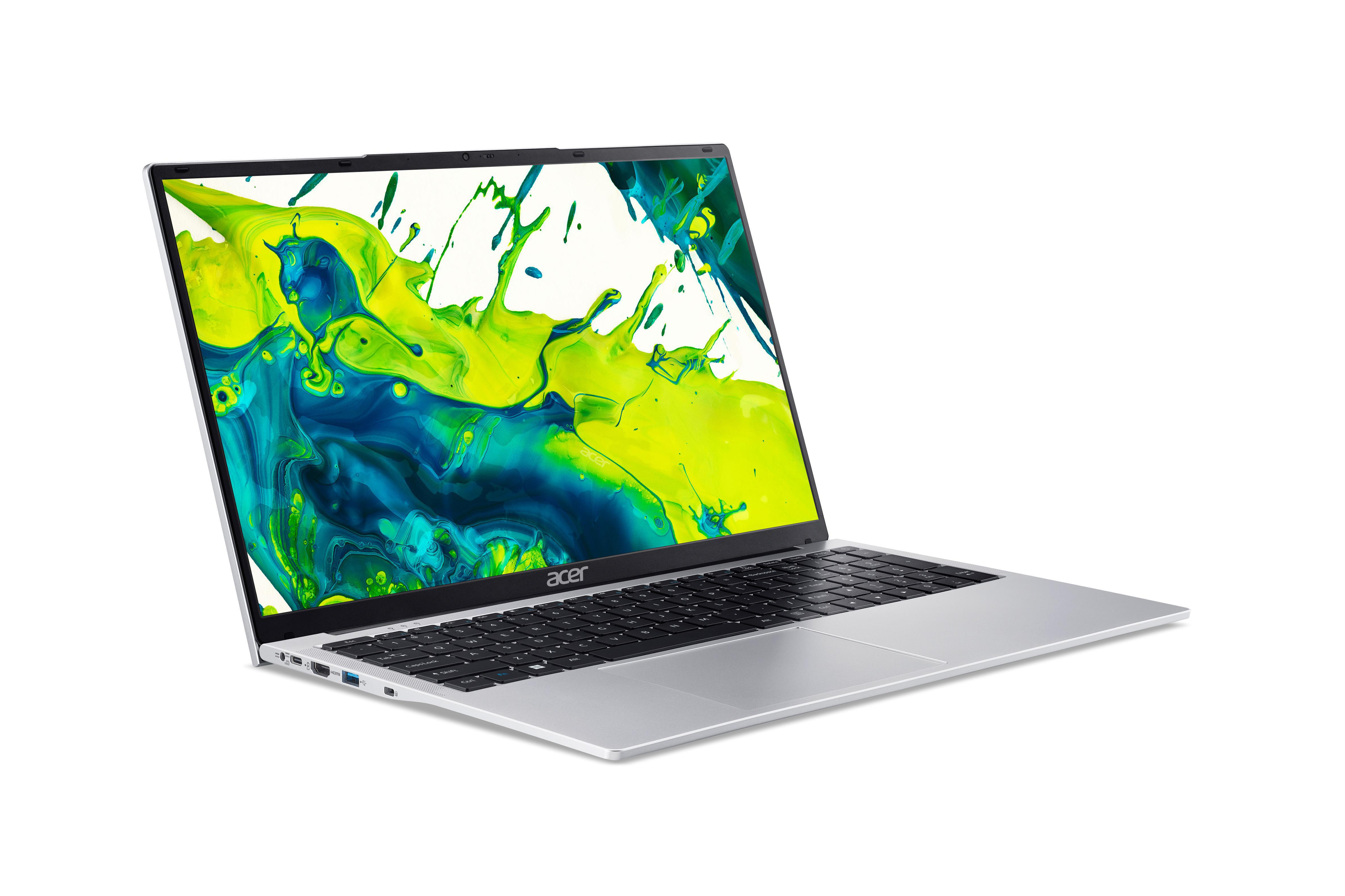 Silberner Acer-Laptop, Bildschirm zeigt grüne und blaue abstrakte Kunst. Tastatur ist sichtbar. Weißer Hintergrund.
