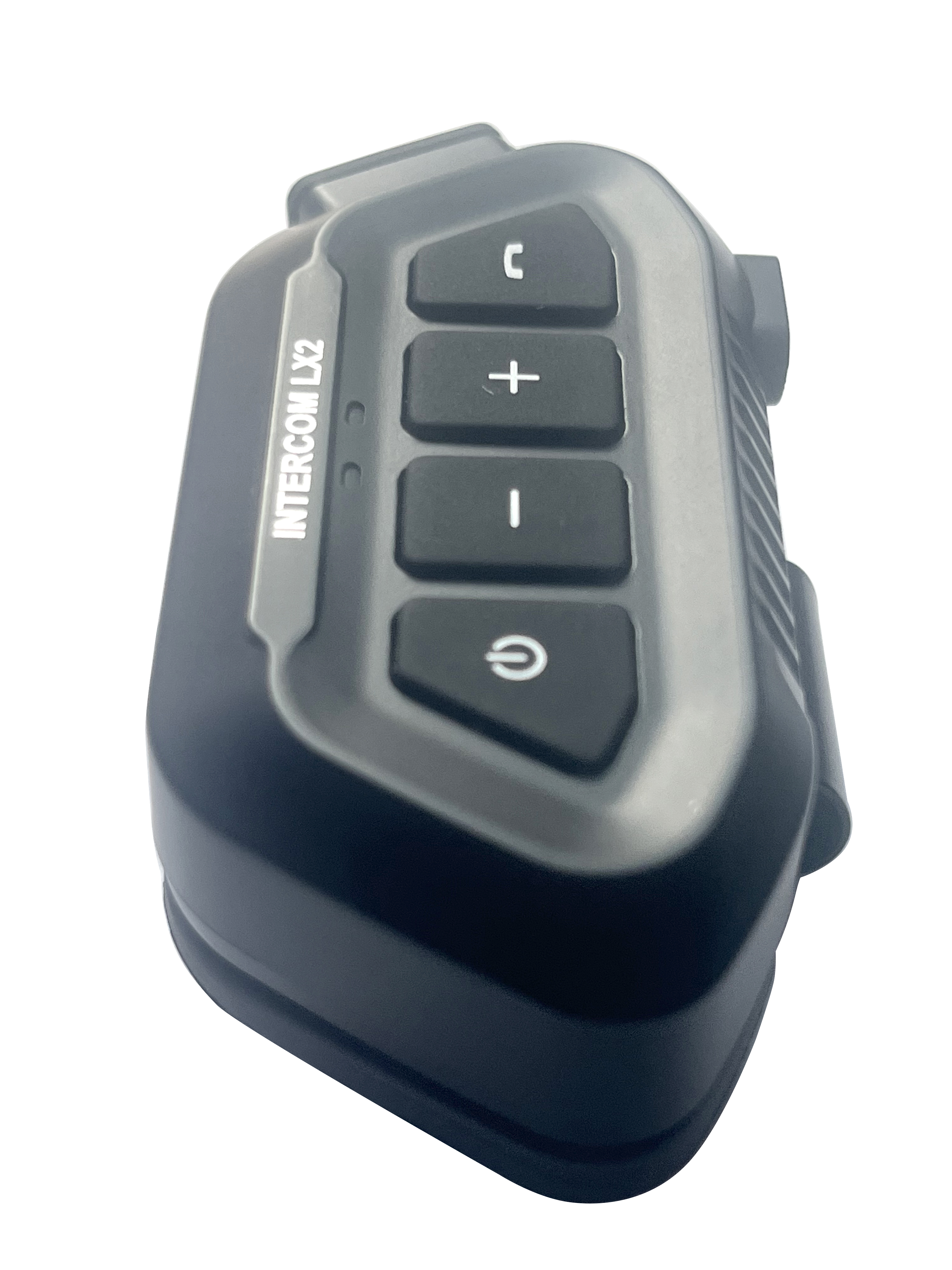Siyah intercom LX2 cihazı, C, +, -, ve güç sembolü düğmeleriyle. Cihaz beyaz bir arka planda.