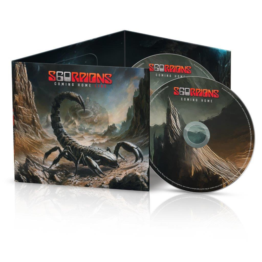 CD-Verpackung mit einer Skorpion-Illustration. Der Albumtitel lautet 'Coming Home' von Scorpions. Zwei CDs sind sichtbar.
