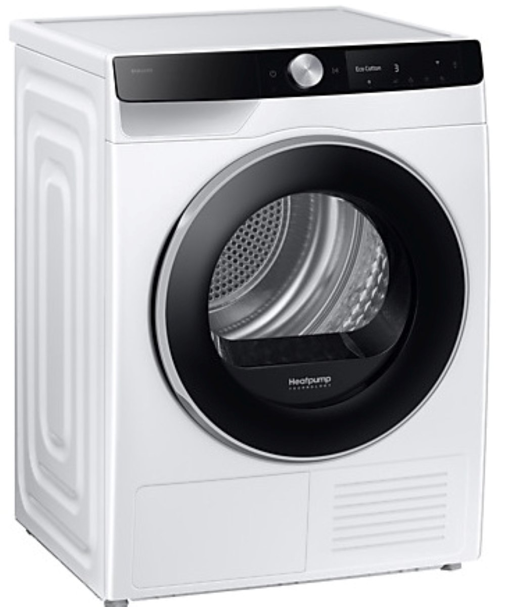 Biała suszarka Samsung z czarnymi drzwiami i panelem sterowania. Ma okrągłe drzwi z czarną ramą i cyfrowym wyświetlaczem.