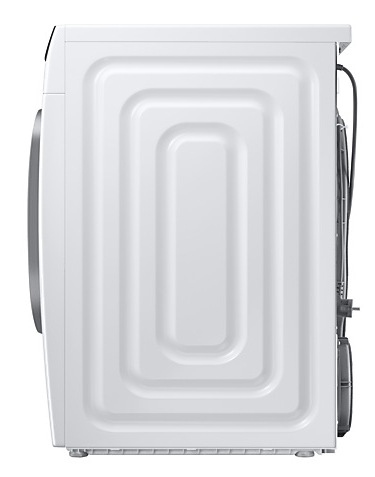 Widok z boku białej pralki. Ma zakrzywioną konstrukcję z prostokątnymi wklęsłościami z tyłu.