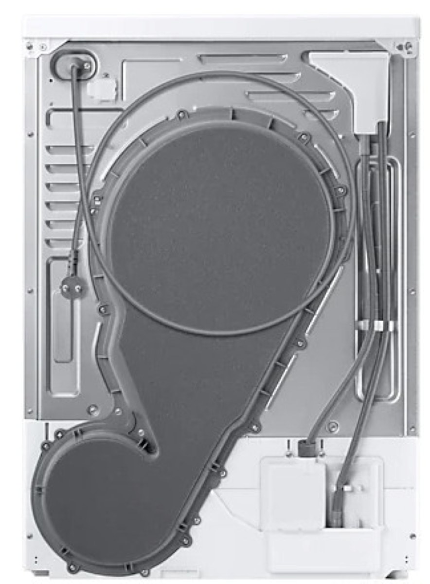 Tył białej suszarki z dużą szarą obudową wentylatora, rurami i przewodem zasilającym.