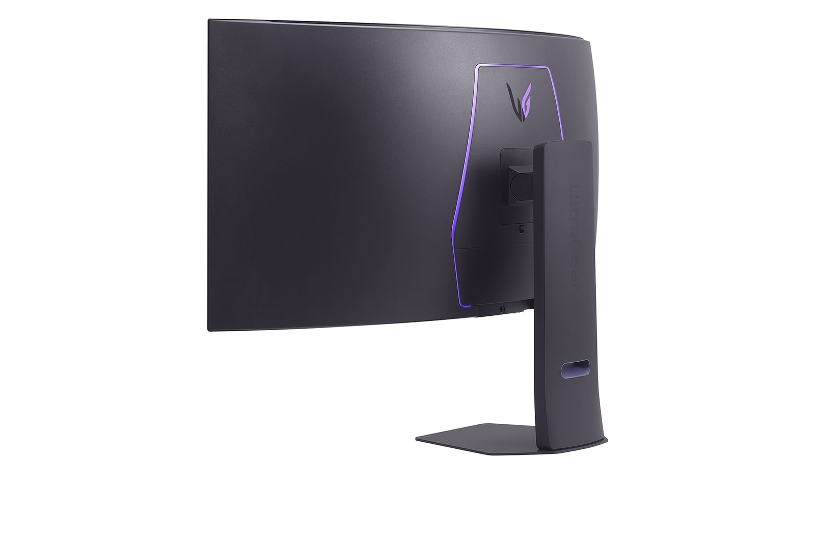 Rückansicht eines gebogenen schwarzen Computermonitors mit violetter Akzentbeleuchtung und einem Ständer. Das LG-Logo ist sichtbar.