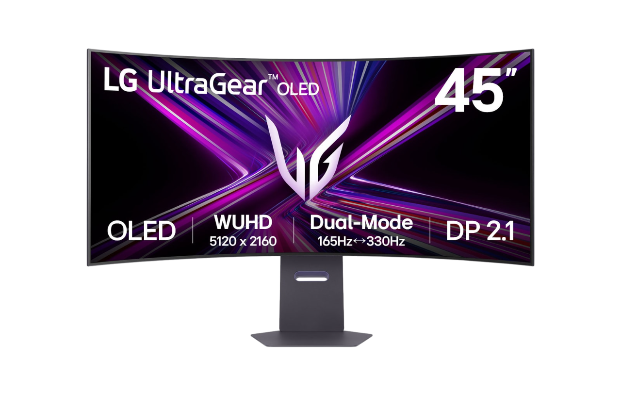 Ein gebogener LG UltraGear OLED-Monitor zeigt eine lila und weiße Grafik. Er hat einen 45-Zoll-Bildschirm, WUHD-Auflösung und Dual-Mode.