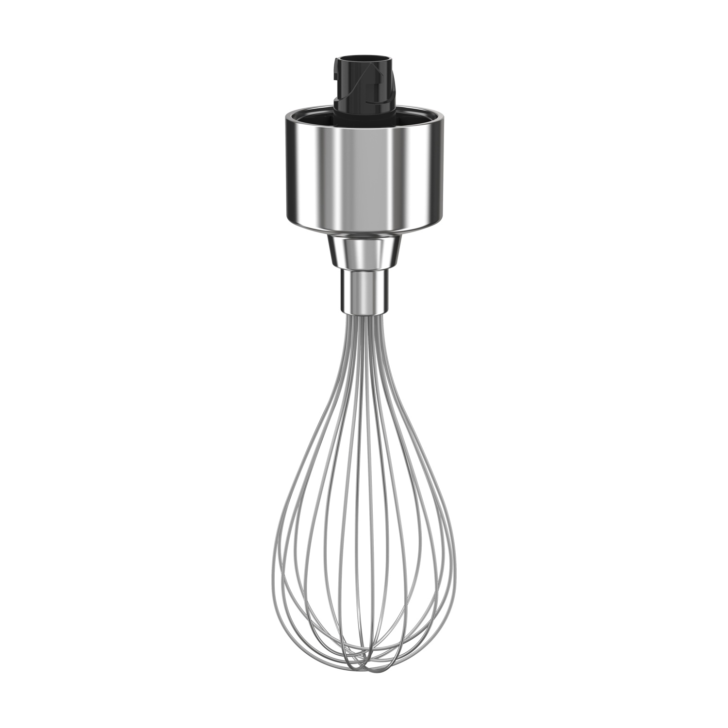 Una frusta in acciaio inossidabile con una parte superiore nera, su uno sfondo bianco. La frusta serve per mescolare gli ingredienti.