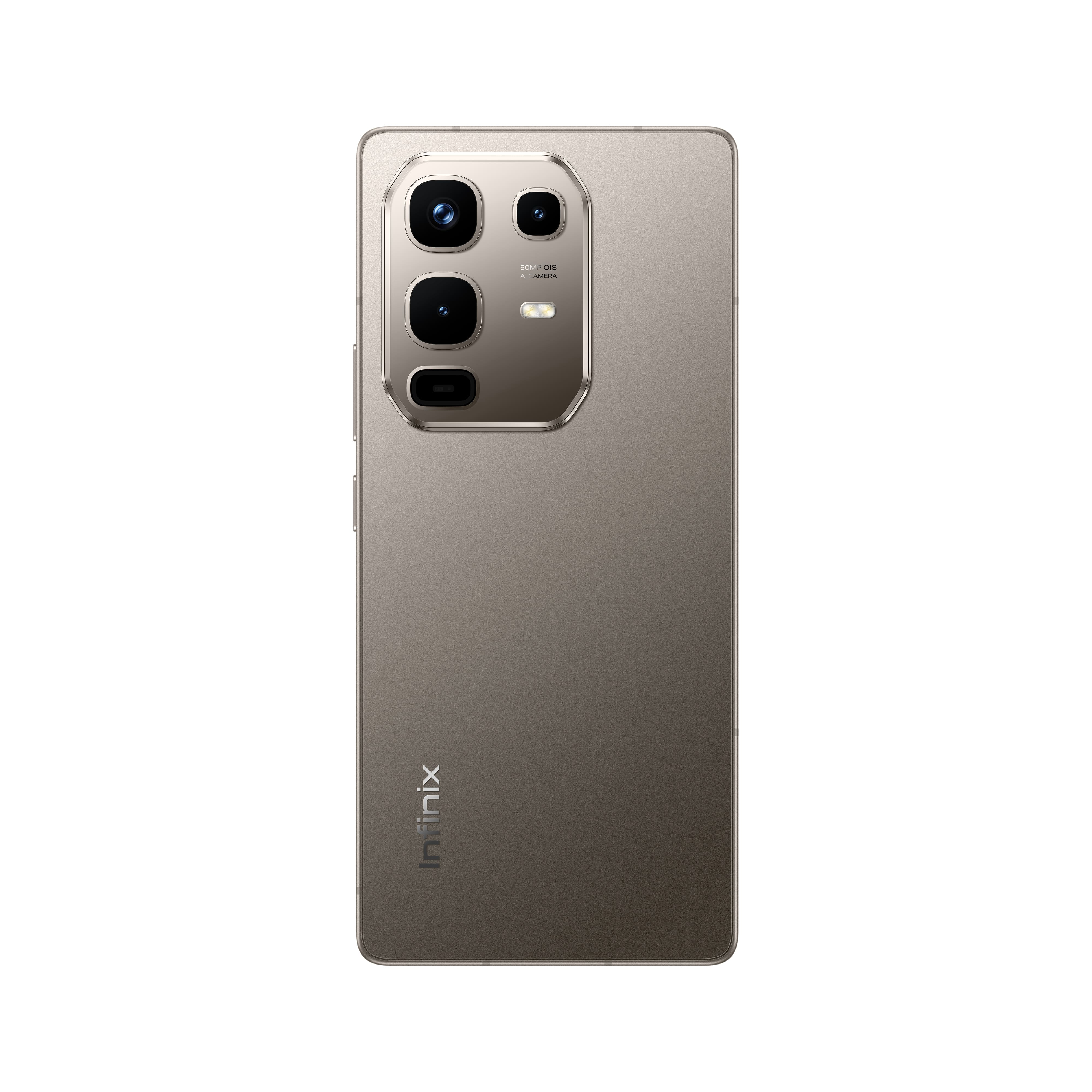 Bir akıllı telefonun arka görünümü. Kahverengi, üç kamerası ve 'Infinix' markası var. Arka plan beyaz.