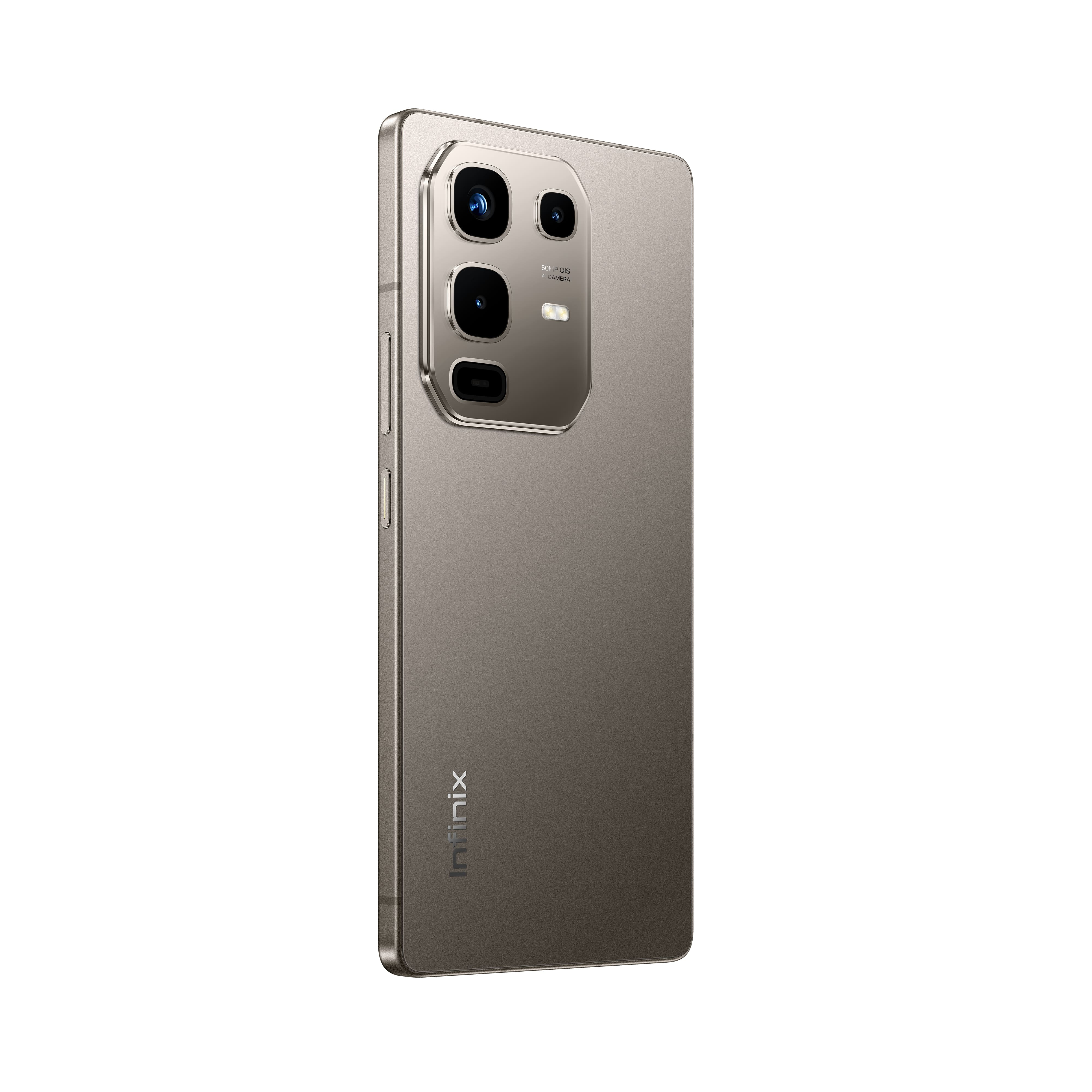 Metalik kaplamalı bir akıllı telefon. Birden fazla kamera lensi ve Infinix markası görünür.