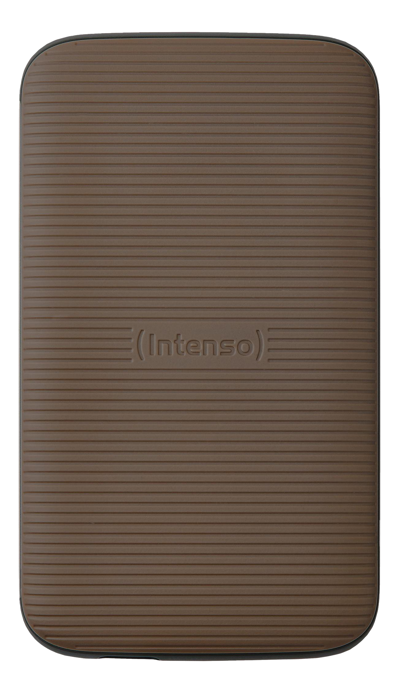 Eine braune, rechteckige tragbare Festplatte mit horizontalen Linien. Der Markenname (Intenso) ist eingeprägt.