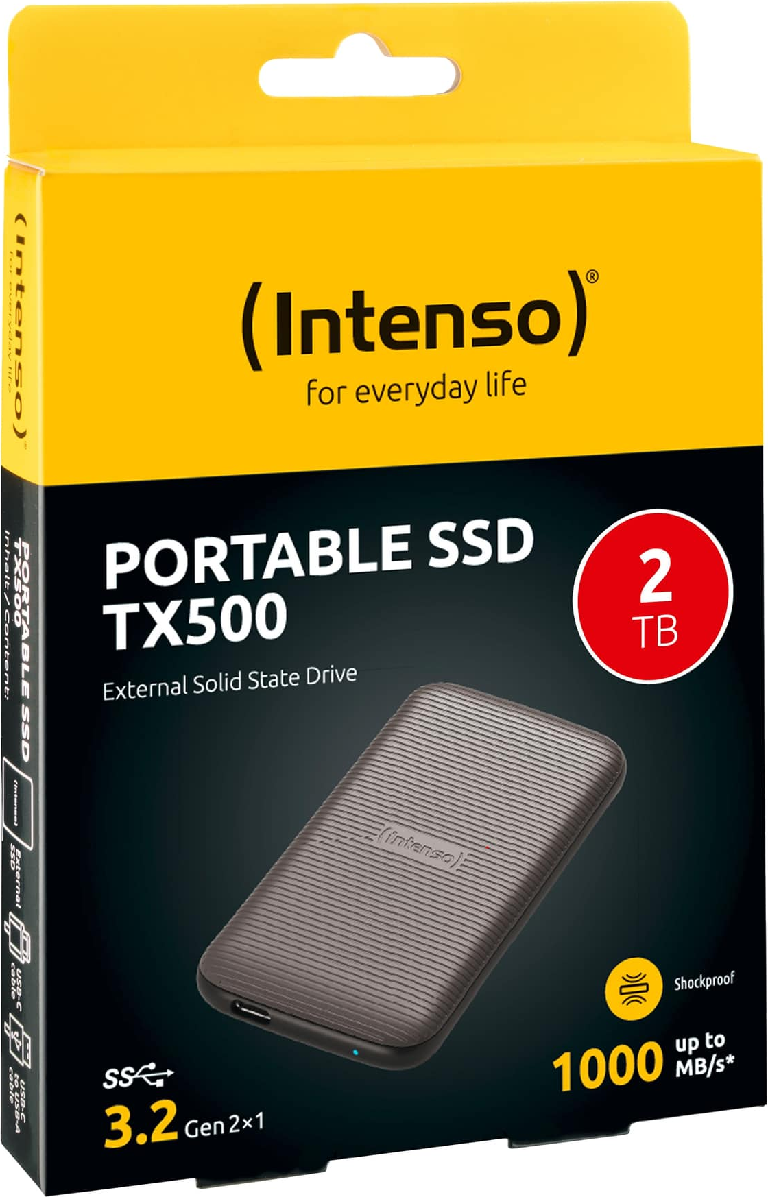 Schachtel mit Intenso Portable SSD TX500, braune externe Solid-State-Festplatte. Sie hat 2 TB, 1000 MB/s. Text: Stoßfest, 3.2 Gen 2x1.