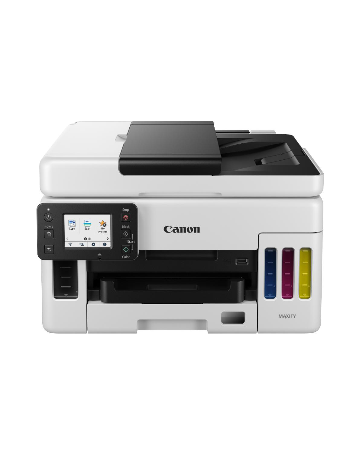 Weißer Canon Maxify Drucker. Hat einen schwarzen Scannerdeckel, Bedienfeld und Tintenbehälter mit blauer, magenta und gelber Tinte.