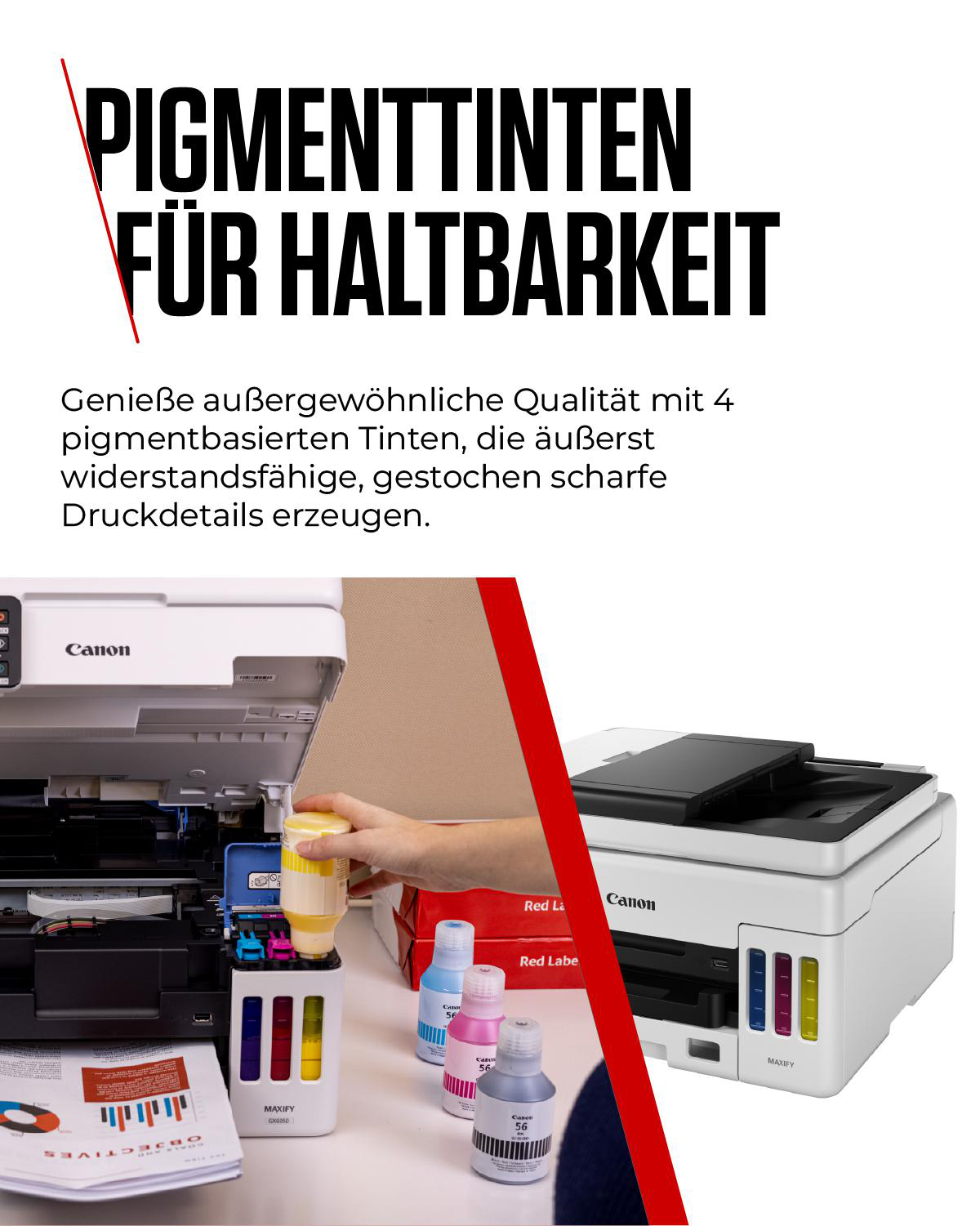 Canon-Drucker mit offenem Deckel. Eine Hand hält eine gelbe Tintenflasche. Tintenflaschen davor und eine rote Box.