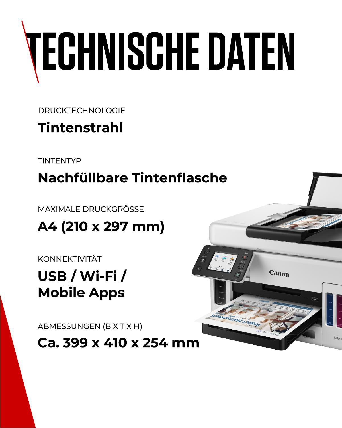 Das Bild zeigt Druckerspezifikationen: Tintenstrahl, nachfüllbare Tinte, A4-Größe, USB/Wi-Fi/Mobile Apps-Konnektivität und Abmessungen. Ein Canon-Drucker ist sichtbar.