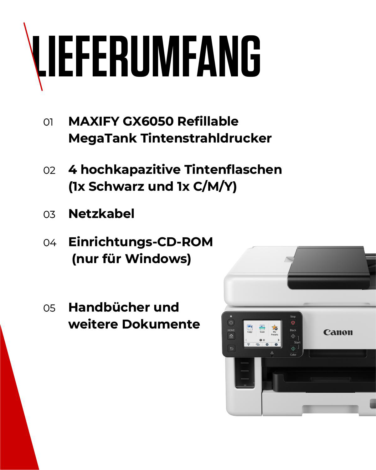 Bild zeigt einen Canon-Drucker mit einer Liste von Artikeln: Drucker, Tintenflaschen, Netzkabel, CD-ROM und Dokumente.