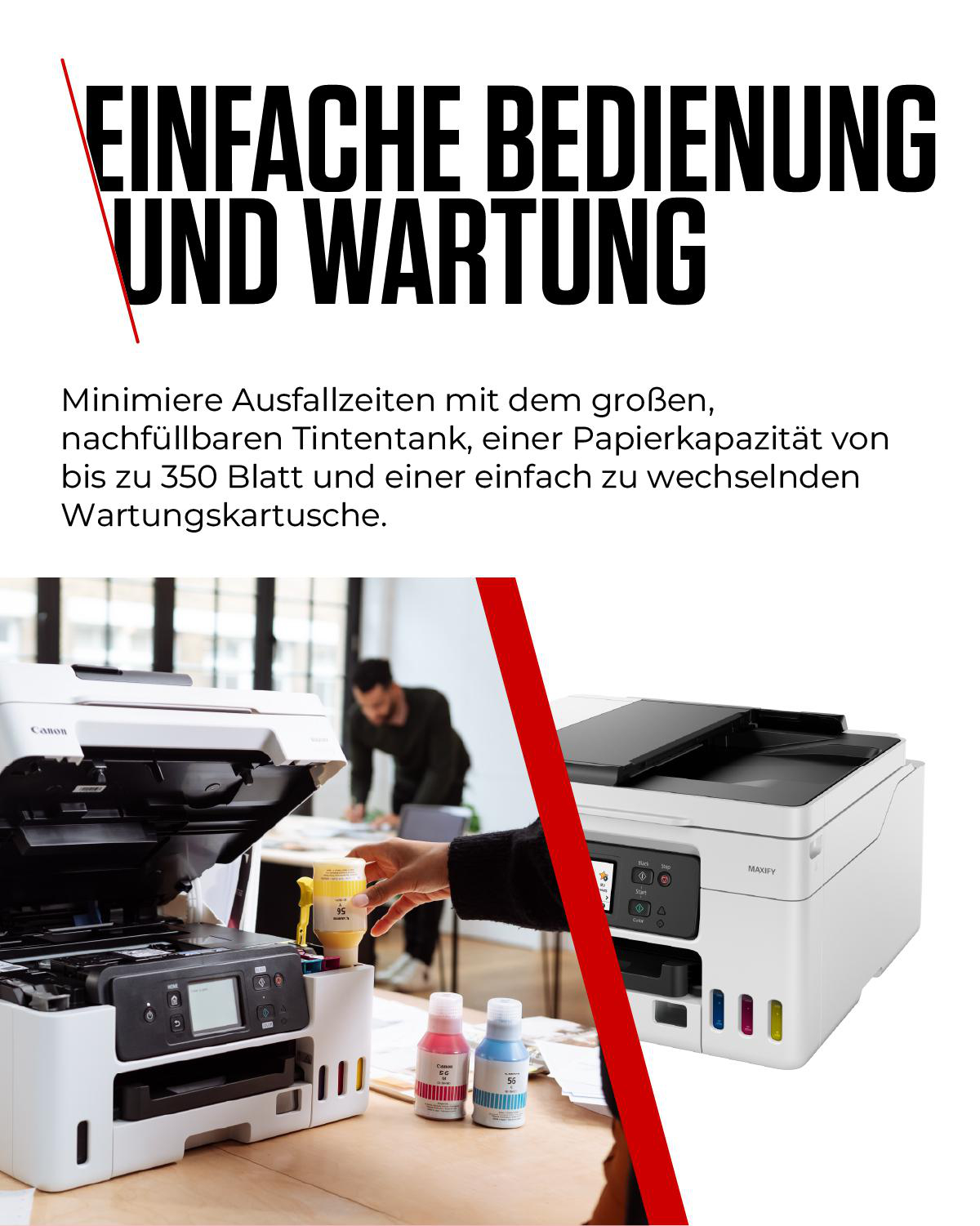 Eine Person füllt einen Canon-Drucker mit gelber Tinte. Andere farbige Tinten und eine Person sind im Hintergrund zu sehen.