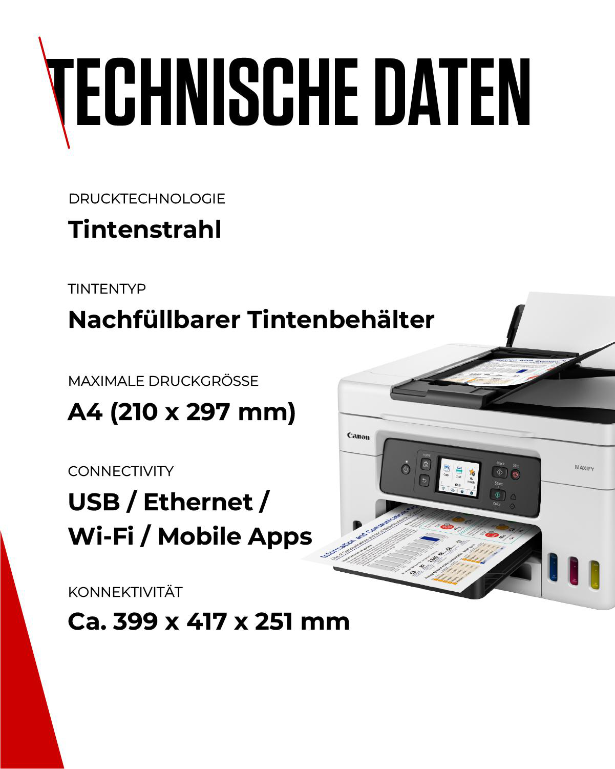 Ein Drucker mit technischen Daten. Text enthält 'Tintenstrahl', 'A4', 'USB/Ethernet/Wi-Fi'. Ein Blatt Papier im Fach.
