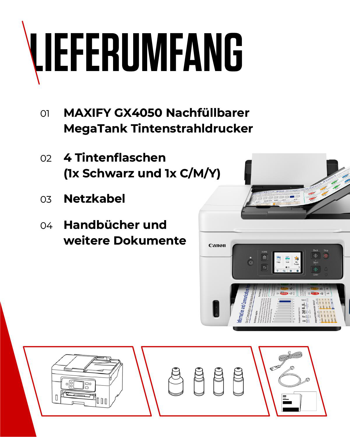 Weißer Canon-Drucker mit offenem Fach, druckt eine Seite. Enthält Tintenflaschen, Kabel und Handbücher.