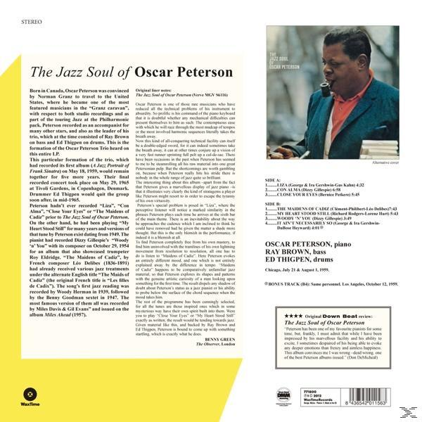 Oscar Peterson album borítója, Peterson szöveggel és képével. Az album címe: 'The Jazz Soul of Oscar Peterson'.