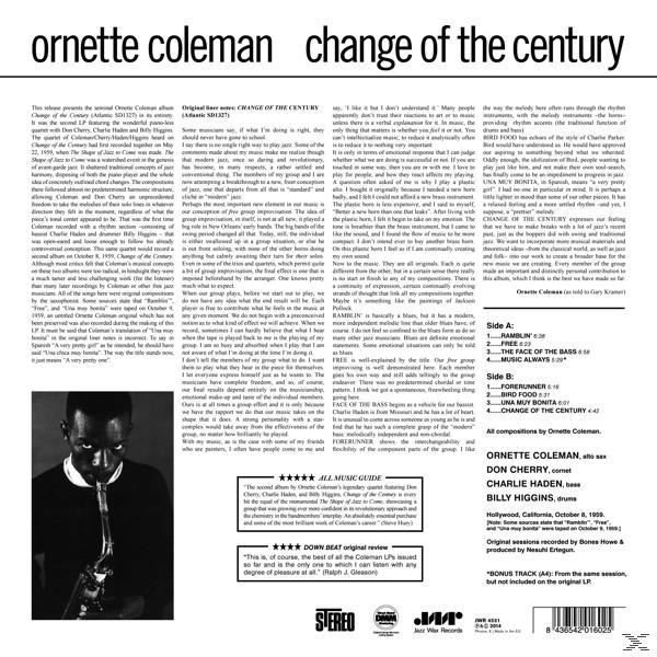 Ornette Coleman "Change of the Century" című albumának borítója. Egy férfi szaxofonozik.