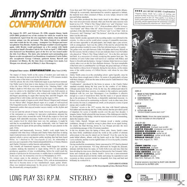 Album borító: Jimmy Smith, Confirmation. Szöveget, egy férfit ábrázoló fotót, aki orgonán játszik, és egy számlistát tartalmaz.