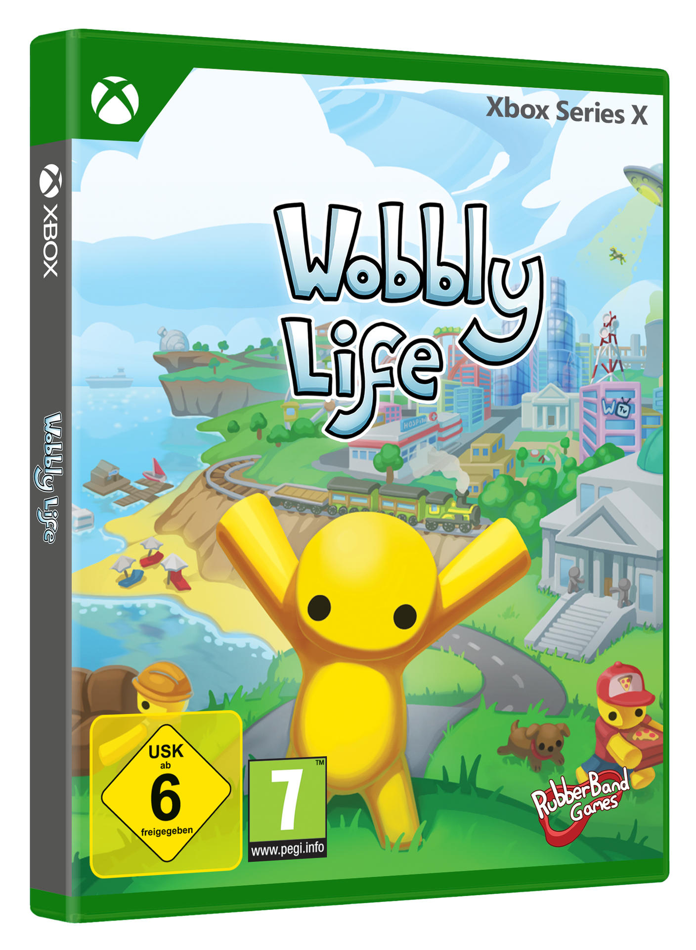 Xbox Series X-Spielcover. Eine gelbe Figur mit erhobenen Armen steht vor einer Stadt mit Zug, Strand und Alien.