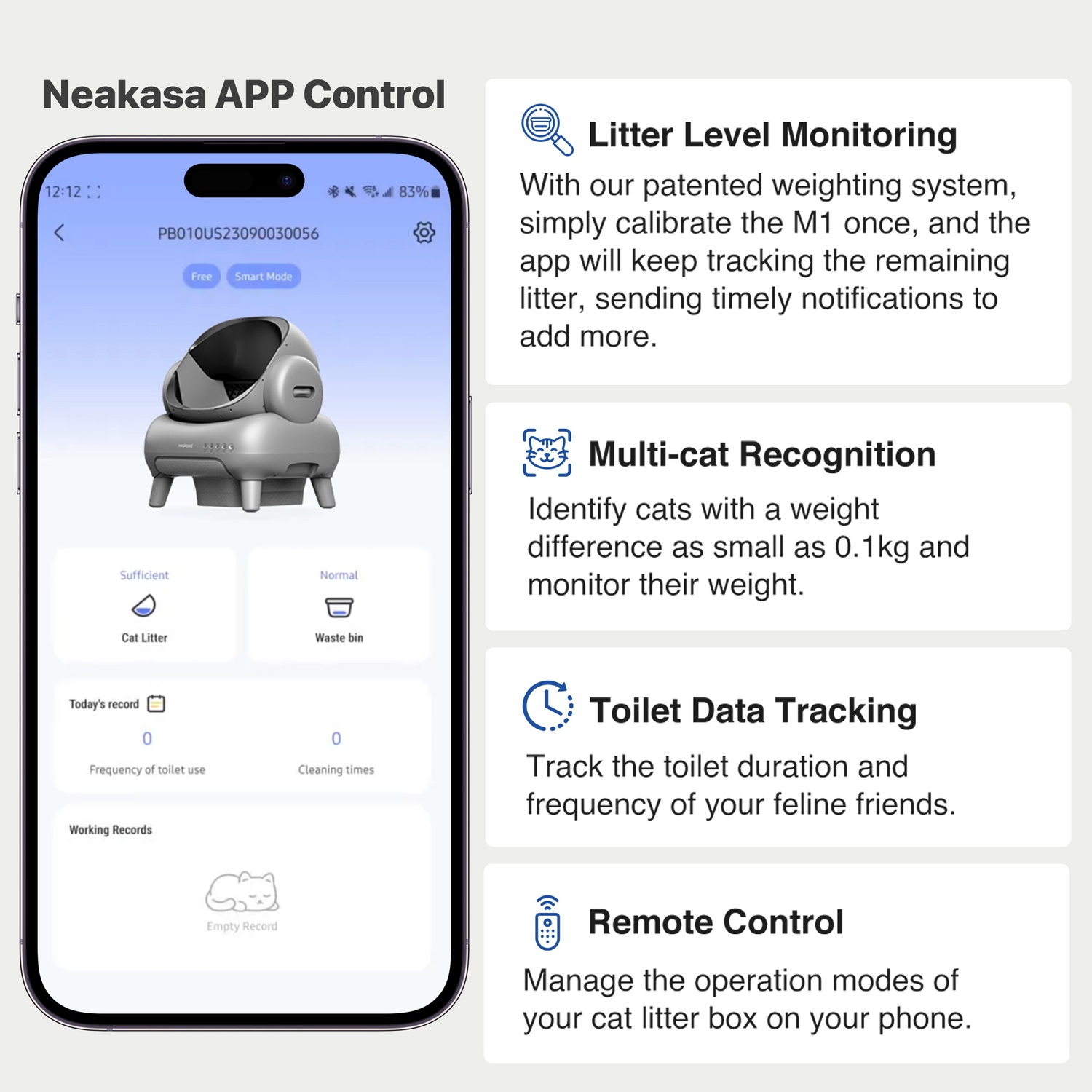 Un telefono mostra l'app Neakasa, con un'interfaccia per lettiera per gatti, monitoraggio del livello e controllo remoto.