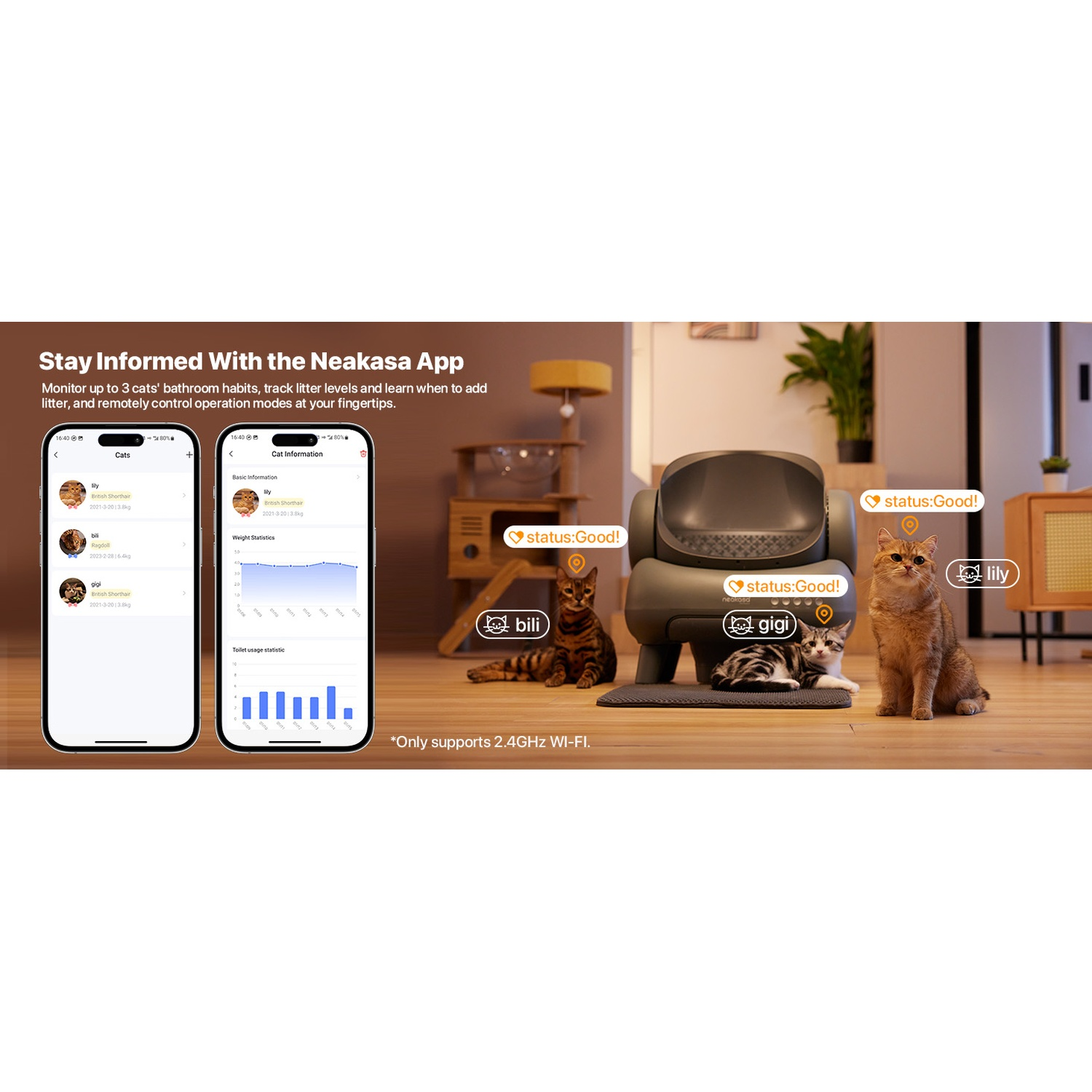 Una lettiera intelligente con tre gatti, screenshot dell'app e testo. I gatti includono Bili, Gigi e Lily. Lo stato della lettiera è Buono.