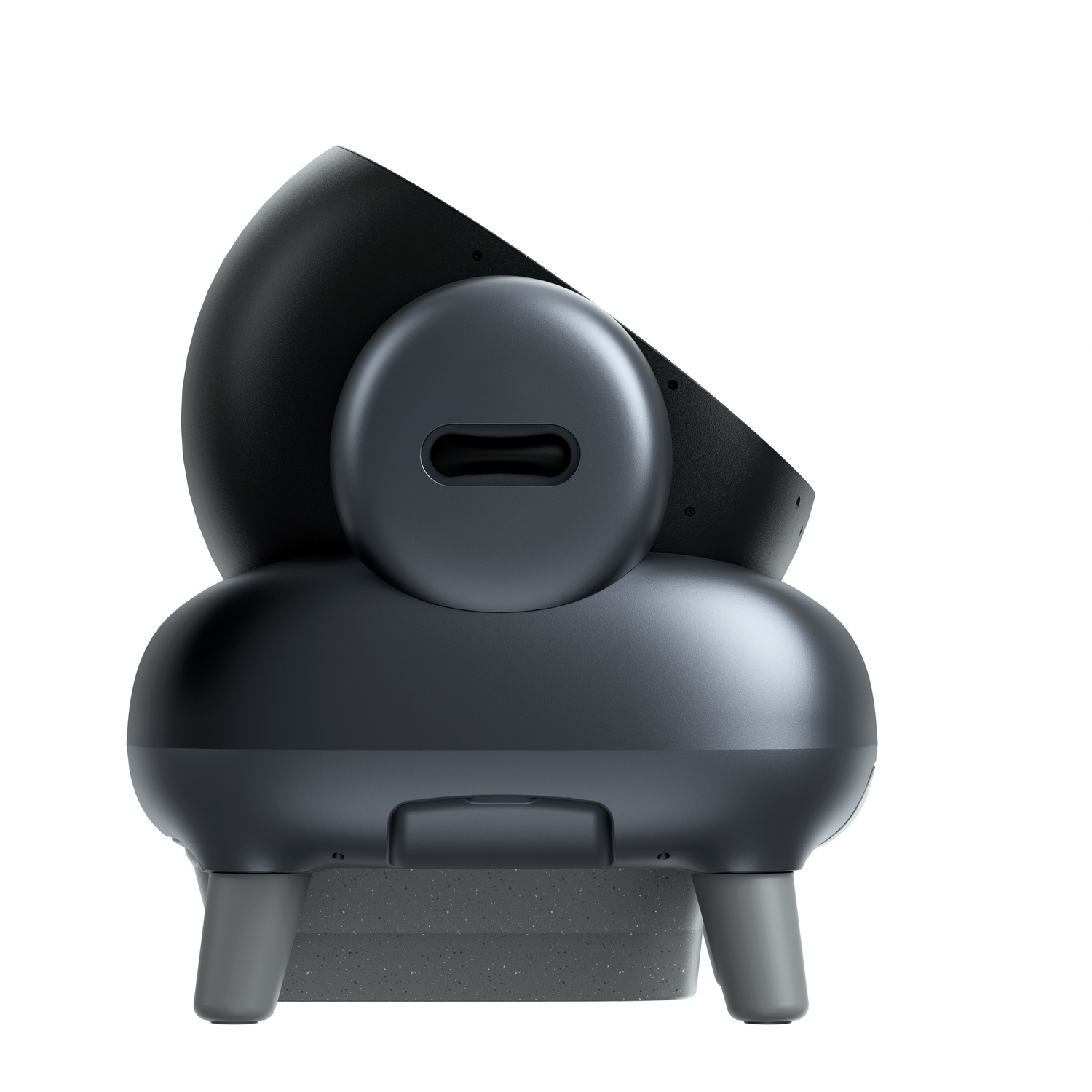 Un oggetto grigio scuro, futuristico e arrotondato con una parte superiore circolare e una base. Tre gambe grigie sostengono una base grigia macchiata.